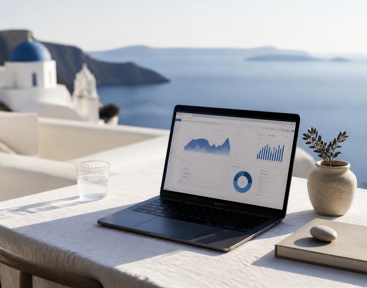Laptop with a marketing dashboard on a linen table overlooking the Aegean